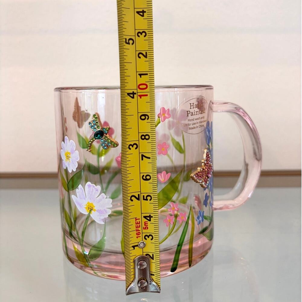 2pc Hand Painted & Jeweled Glass Mugs Multicolored Floral Butterfly NEW - Picture 6 of 15